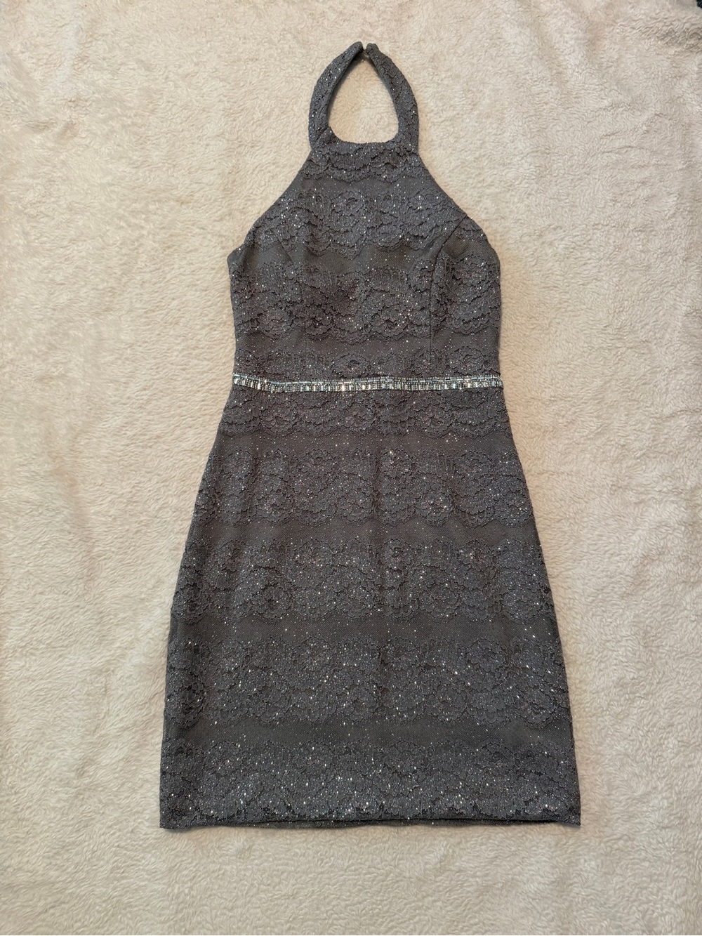 City Studio Halter Lace Mini Dress in Charcoal